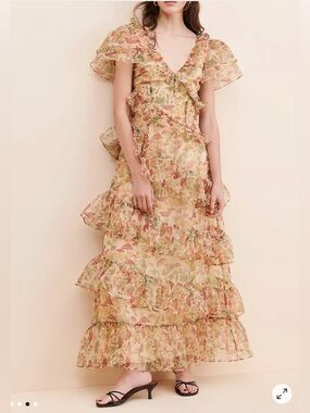 Selkie Mushroom Floral Ruffle Tiered Maxi Dress - Beige Multi